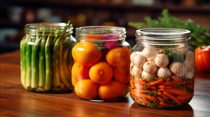 Fototapeta na wymiar preservation of vegetables and cucumbers in glass jars, preparations for the winter, a low-calorie tasty vegetable for a healthy snack. Generative AI