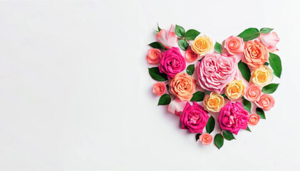 Obraz na płótnie Canvas Tender Roses Formed Heart on White Background, Generative AI