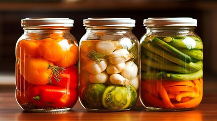 Fototapeta na wymiar preservation of vegetables and cucumbers in glass jars, preparations for the winter, a low-calorie tasty vegetable for a healthy snack. Generative AI