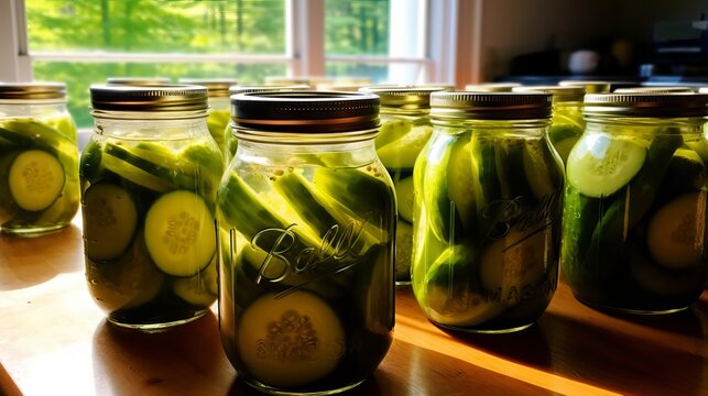 preservation of vegetables and cucumbers in glass jars, preparations for the winter, a low-calorie tasty vegetable for a healthy snack. Generative AI