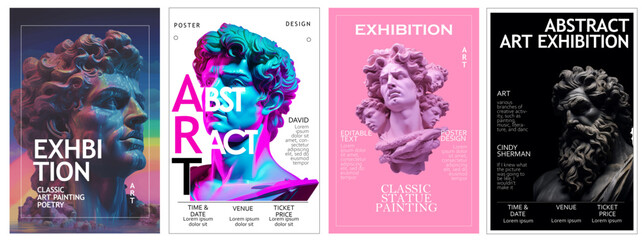 Fototapeta na wymiar set of 4 abstract art poster for the exhibition of classical and contemporary painting, sculpture and music. bust, statues 