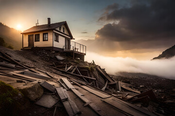 The house still standing alone after the earthquake. Debris scattered on the edge of the cliff of residents' houses