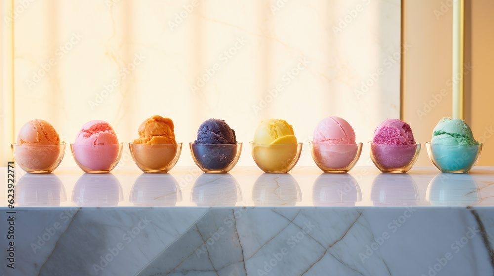 Poster A row of different colored ice creams on a table. Generative AI.