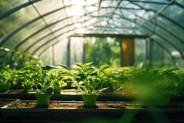 Greenhouse with a variety of greens and vegetables that grow lush in a protected environment. Generative AI.