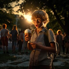 A young boy is holding an ice cream cone. Generative AI.