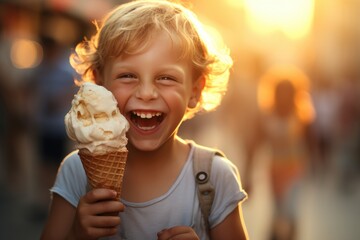 A little girl holding an ice cream cone. Generative AI.