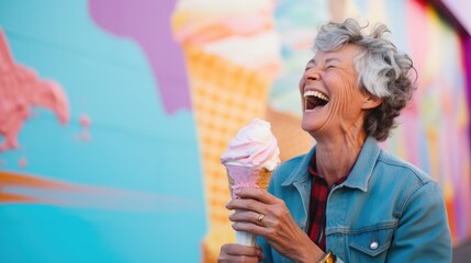 An older woman laughing while holding an ice cream cone. Generative AI. - Powered by Adobe