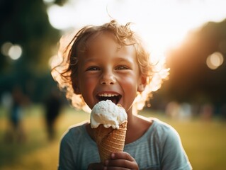 A little girl eating an ice cream cone. Generative AI.