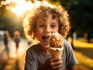 A young boy eating an ice cream cone. Generative AI.