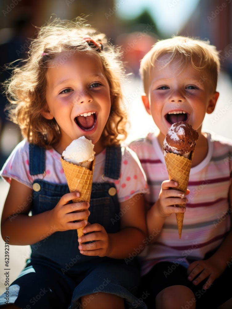 Poster Two little girls are eating ice cream cones. Generative AI.