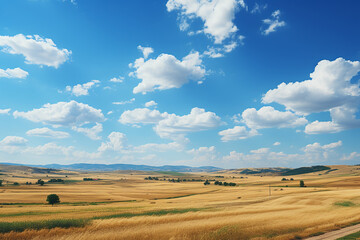 Fototapeta premium Summer day with some clouds in the sky, horizon low and empty photograph. AI generative