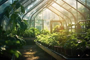 Greenhouse with a variety of greens and vegetables that grow lush in a protected environment. Generative AI. - obrazy, fototapety, plakaty