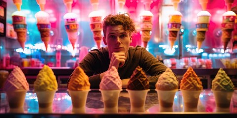 A man sitting in front of a counter filled with ice cream cones. Generative AI.