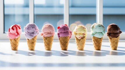 A row of ice cream cones sitting on top of a table. Generative AI.
