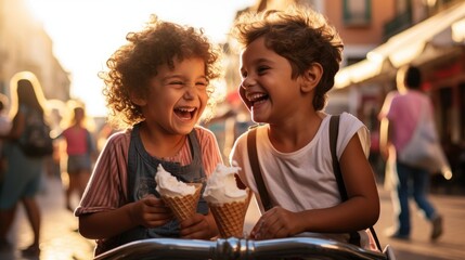 Two young children sharing an ice cream cone. Generative AI.