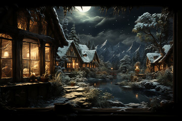 The scenery outside the window of the log cabin shows heavy snowfall. AI generative