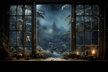 The scenery outside the window of the log cabin shows heavy snowfall. AI generative