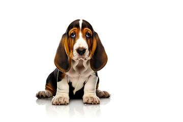 Cute Basset Hound puppy dog sitting isolated on white background. Long ears puppy dog studio portrait photo. Digital illustration generative AI.
