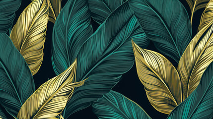 Tropical leaves pattern wallpaper, Luxury nature leaves pattern design, Golden leaves line arts, Hand drawn outline design for fabric , print, cover, banner and invitation. Digital illustration genera