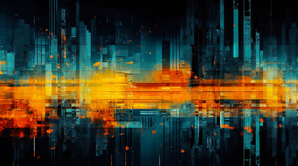 Abstract glitch overlay distressed background. Digital noise with orange and blue color artifacts dust scratches dirt stains texture on dark background. Digital illustration generative AI.
