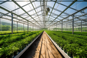 Fototapeta premium Greenhouse with a variety of greens and vegetables that grow lush in a protected environment. Generative AI.
