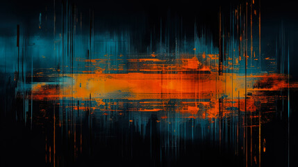 Abstract glitch overlay distressed background. Digital noise with orange and blue color artifacts dust scratches dirt stains texture on dark background. Digital illustration generative AI.