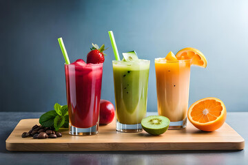 Variety of fruit cocktails, popular bubble tea, chocolate fruit flavor. Trendy Asian summer drinks