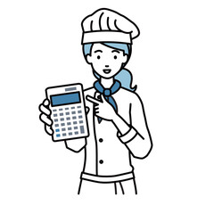 立って電卓を指差してこちらに向けて見せている調理師の女性