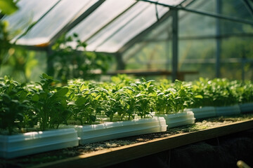 Greenhouse with a variety of greens and vegetables that grow lush in a protected environment. Generative AI.