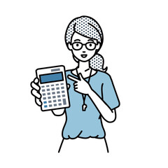 立って電卓を指差してこちらに向けて見せている教師の女性