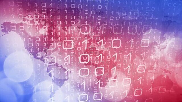 Technological motion binary code animation with digital pattern and world map. Digital code stream motion graphics animation with binary background and world map