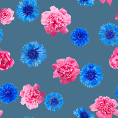 Seamless pattern of pink peony and blue cornflower flowers on navy blue background