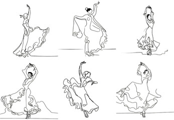one-line drawing of flamenco dancers, simple and minimalist - obrazy, fototapety, plakaty