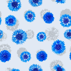 Seamless pattern of blue cornflower flowers with shadow on light blue background