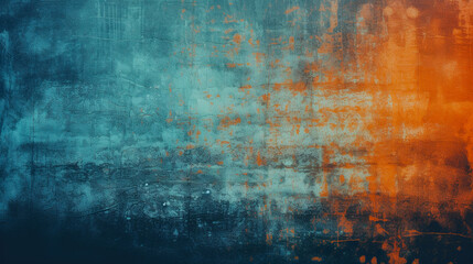 Grunge abstract background of orange glitch noise on blue scratched texture with dust. Digital illustration generative AI.