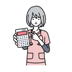 a nurse woman recommending, proposing, showing estimates and pointing a calculator with a smile