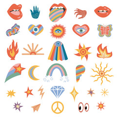Retro Groovy boho hippie cliparts set. Nostalgic 70s-90s