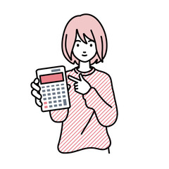 a woman in casual style recommending, proposing, showing and pointing a calculator with a smile