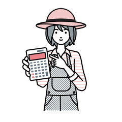 a farmer woman recommending, proposing, showing estimates and pointing a calculator with a smile