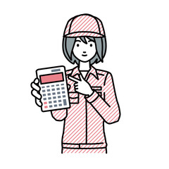 a blue-collar worker woman recommending, proposing, showing estimates and pointing a calculator with a smile