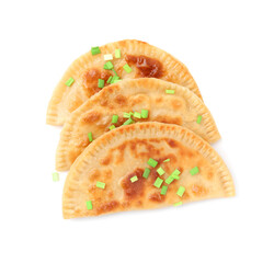 Delicious fried chebureki with cheese and green onion isolated on white, top view