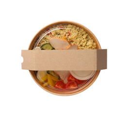 Tasty food in container isolated on white, top view