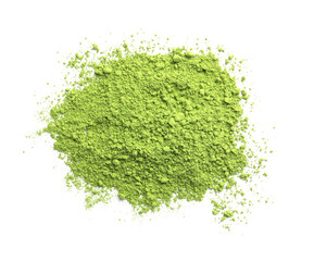 Pile of green matcha powder isolated on white, top view
