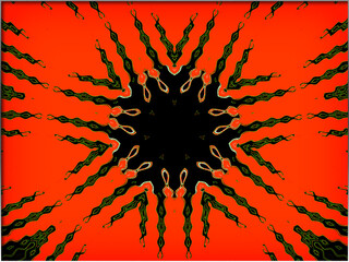 Abstract, Intricate Black Shapes, 3d, Circular, set against Orange, within a Border