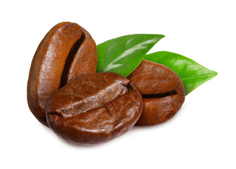 Fresh roasted coffee beans and leaves on white background