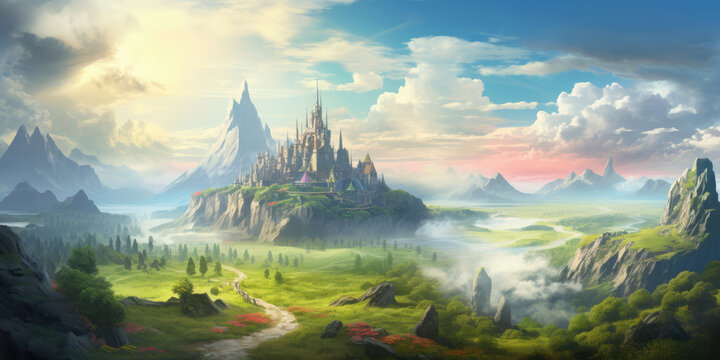 Fantasy world scenery, virtual reality, VR, backgrounds, wallpaper, AI generated