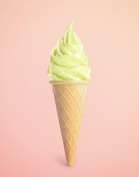 Tasty ice cream in waffle cone on pastel pink background. Soft serve