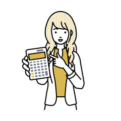 a woman in work jacket style recommending, proposing, showing estimates and pointing a calculator with a smile