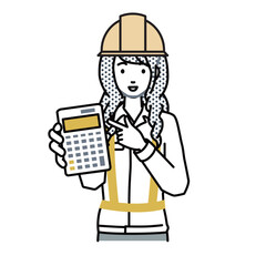 a woman working at construction sites recommending, proposing, showing estimates and pointing a calculator with a smile