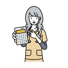 a nurse woman recommending, proposing, showing estimates and pointing a calculator with a smile